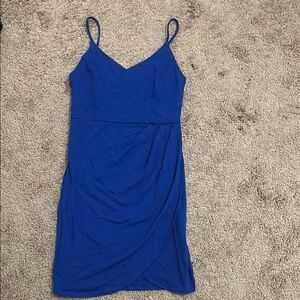 Blue Asymmetrical Ruched Mini Dress